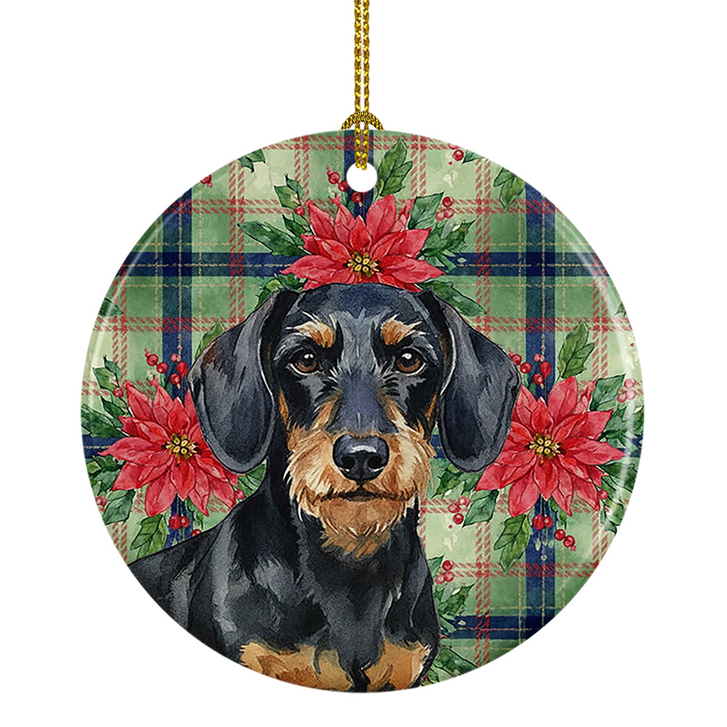 Wirehaired Black and Tan Dachshund Christmas PoinsettIas Ceramic Ornament Christmas Tree Hanging Decorations for Home Christmas Holiday, Party, Gift, 3 in, Multicolor