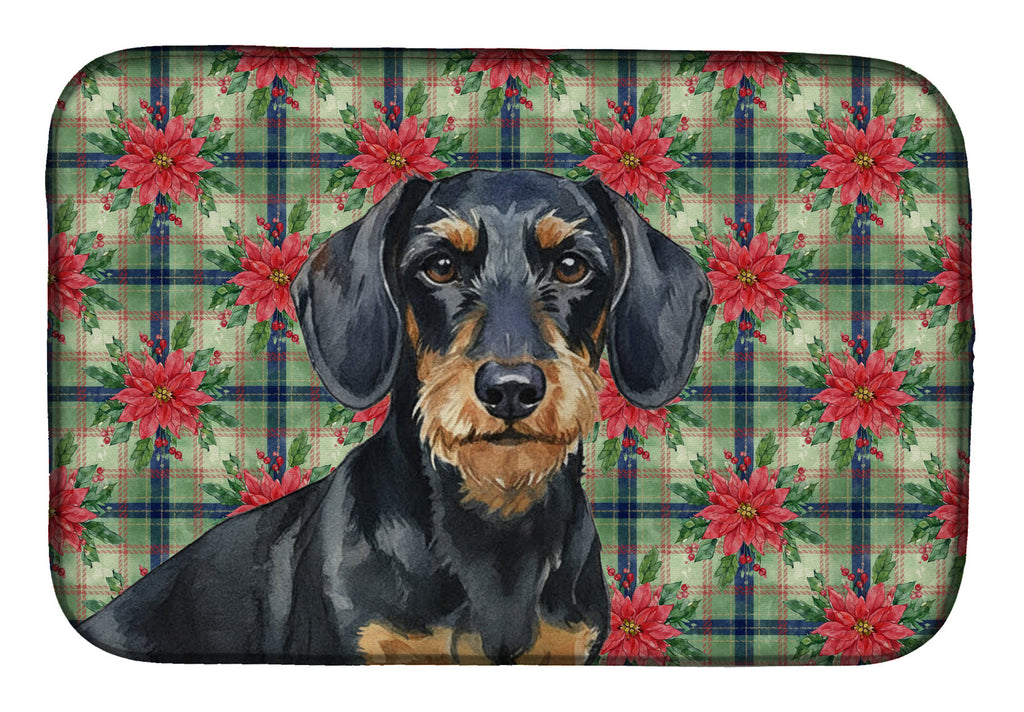 Wirehaired Black and Tan Dachshund Christmas PoinsettIas Dish Drying Mat Absorbent Dish Drying Mat Pad for Kitchen Counter Dish Drainer Mat for Countertop, 14 x 21", Multicolor