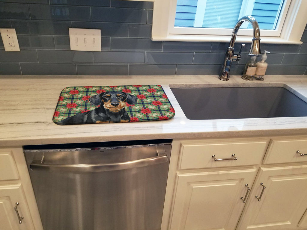 Wirehaired Black and Tan Dachshund Christmas PoinsettIas Dish Drying Mat Absorbent Dish Drying Mat Pad for Kitchen Counter Dish Drainer Mat for Countertop, 14 x 21", Multicolor