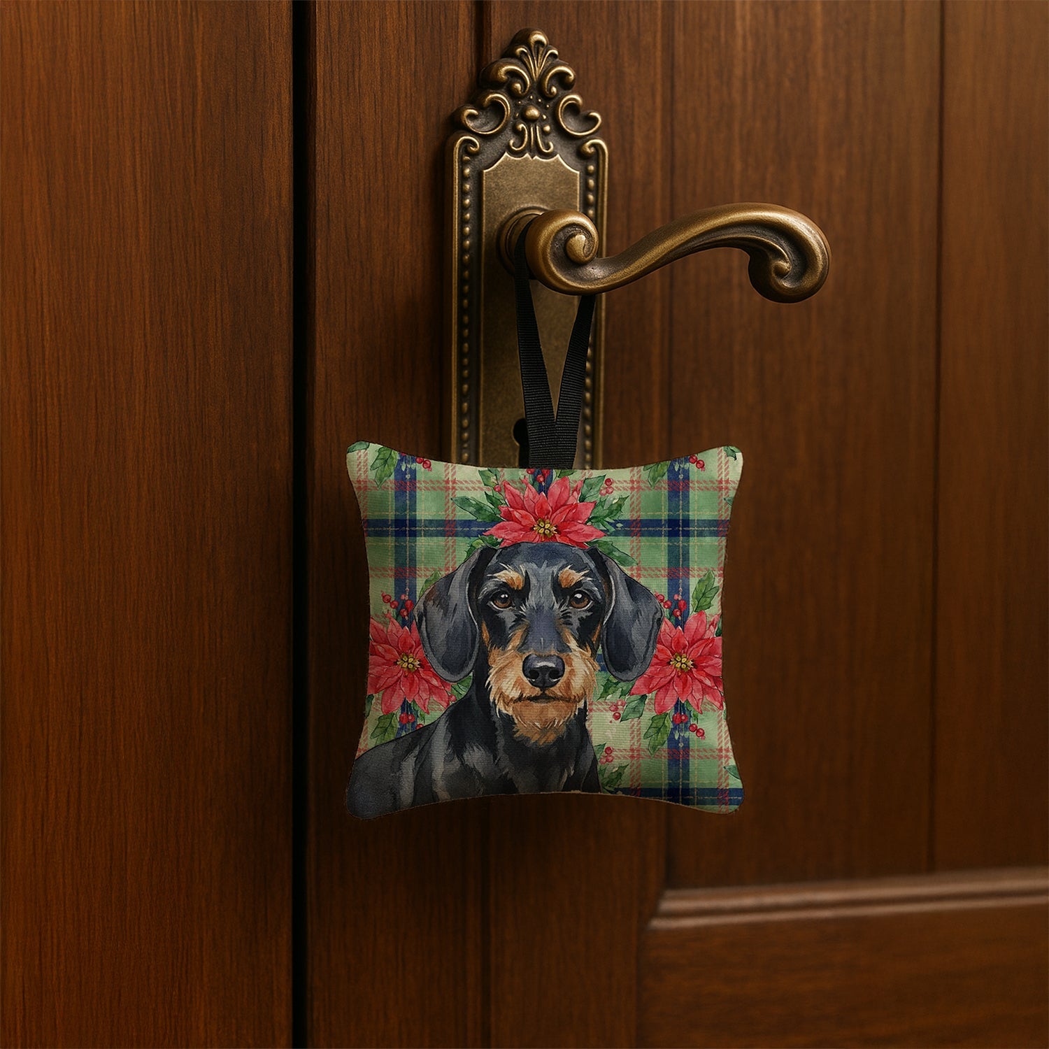 Wirehaired Black and Tan Dachshund Christmas PoinsettIas Hanging Square Fabric Ornament 3.5 � 3.5 Decorative Door-Knob & Tree Hanger, Soft Fabric