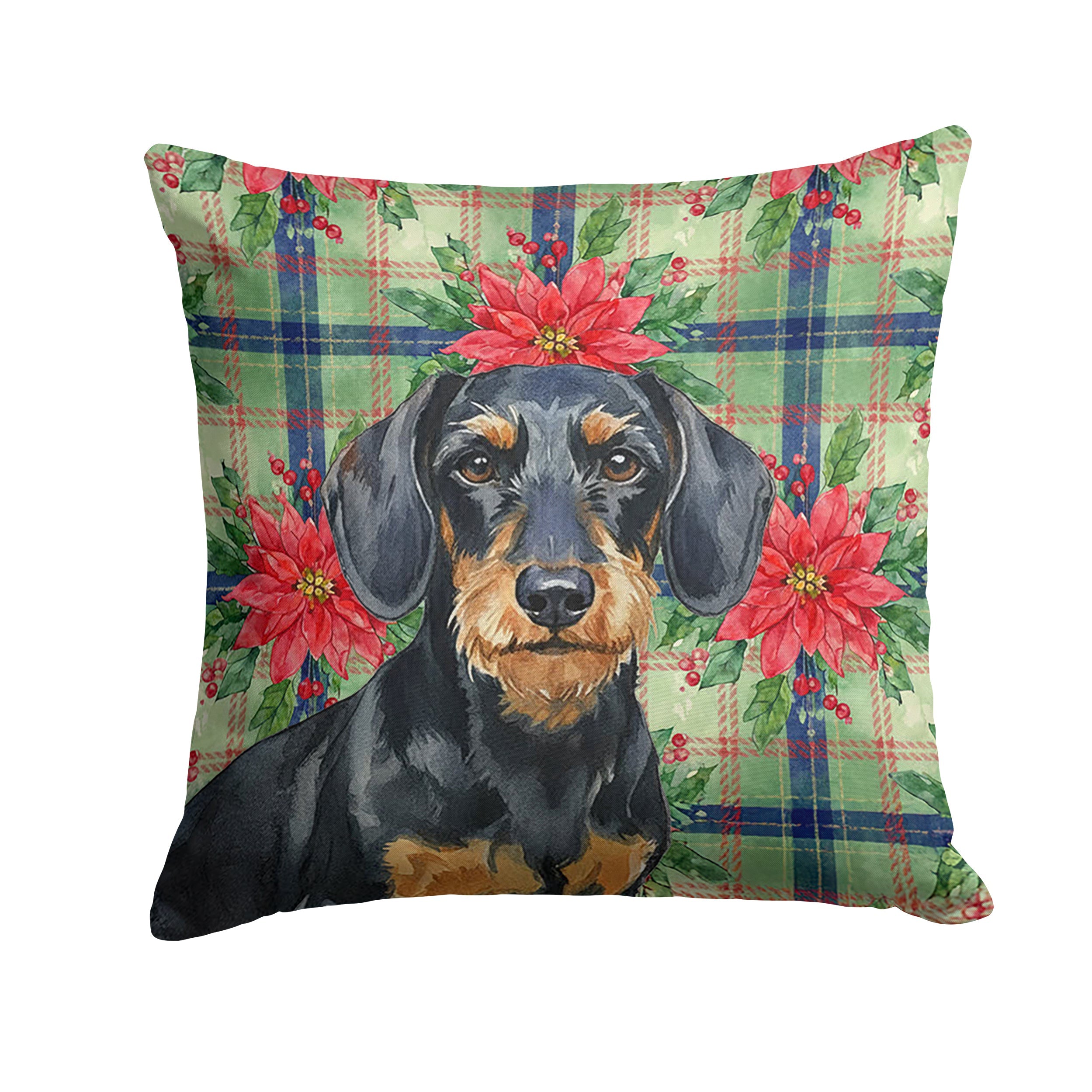Wirehaired Black and Tan Dachshund Christmas PoinsettIas Decorative Throw Pillow 14x14 Indoor Outdoor Accent Cushion, Fabric Cover with Insert for Sofa, Bed, Porch & Living Room