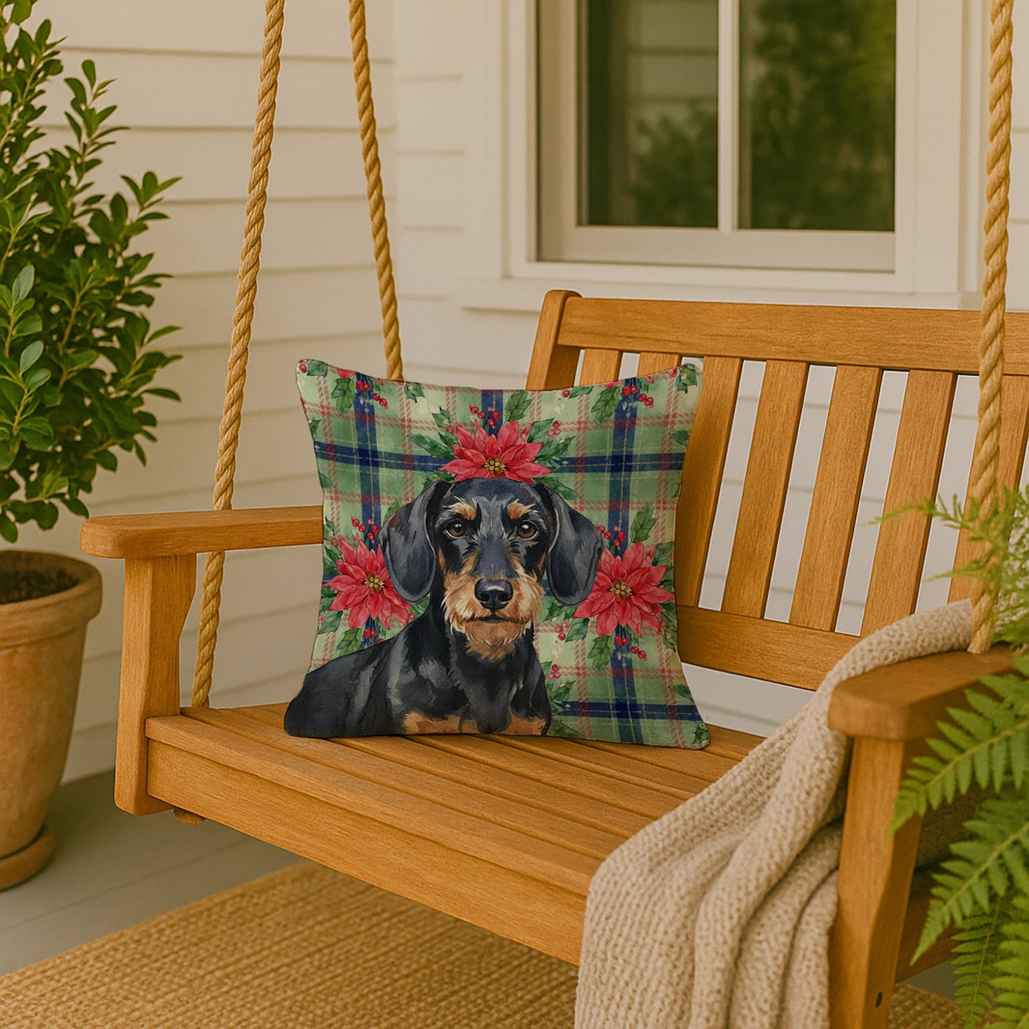 Wirehaired Black and Tan Dachshund Christmas PoinsettIas Decorative Throw Pillow 18x18 Indoor Outdoor Accent Cushion, Fabric Cover with Insert for Sofa, Bed, Porch & Living Room