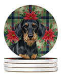 Wirehaired Black and Tan Dachshund Christmas PoinsettIas Large Sandstone Coasters Pack of 4 Absorbent Round Coasters Decor Gifts for Men or Women, 4 in, Multicolor