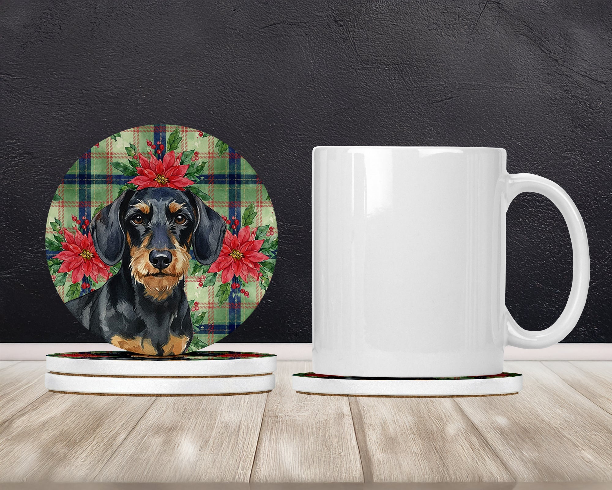 Wirehaired Black and Tan Dachshund Christmas PoinsettIas Large Sandstone Coasters Pack of 4 Absorbent Round Coasters Decor Gifts for Men or Women, 4 in, Multicolor
