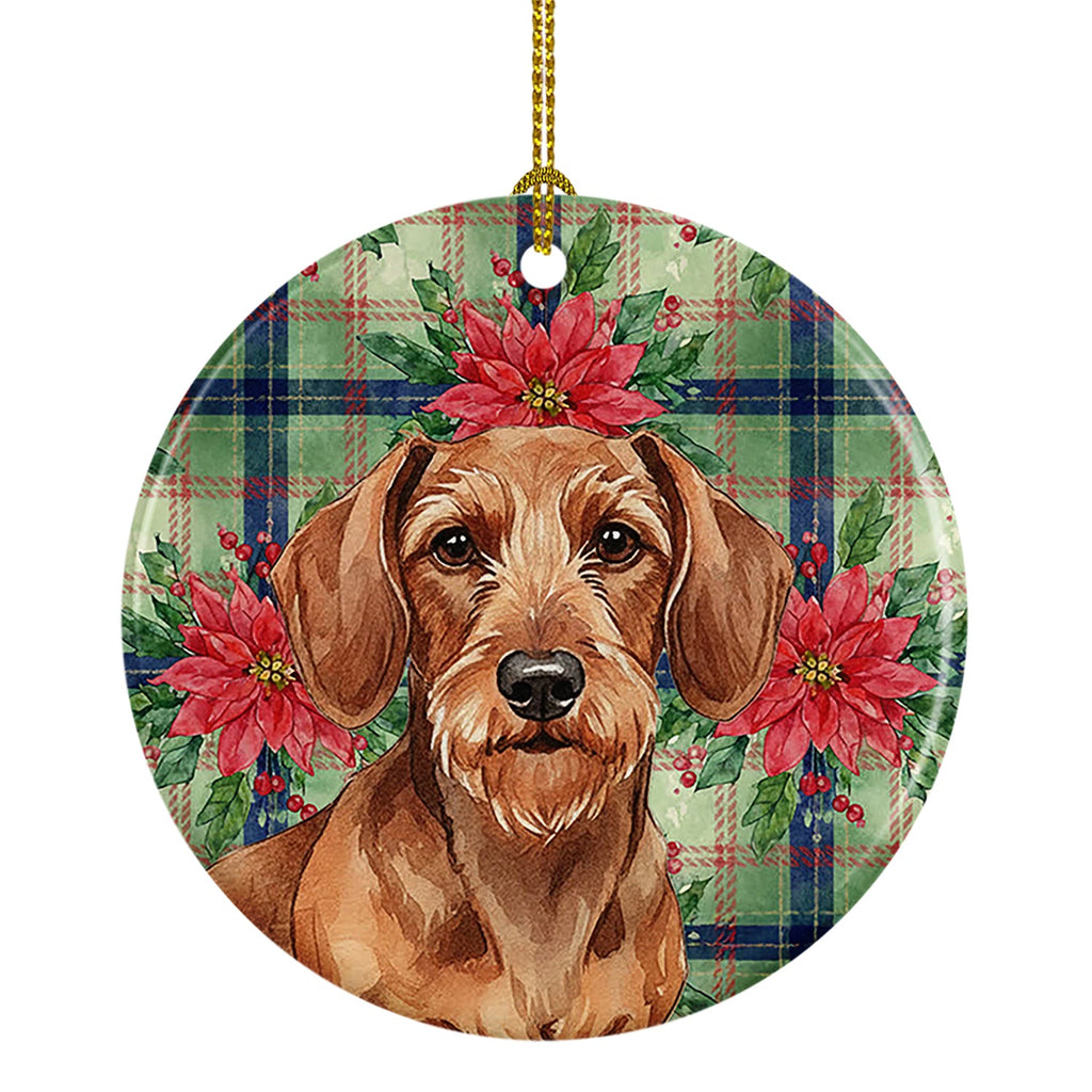 Wirehaired Red Dachshund Christmas PoinsettIas Ceramic Ornament Christmas Tree Hanging Decorations for Home Christmas Holiday, Party, Gift, 3 in, Multicolor