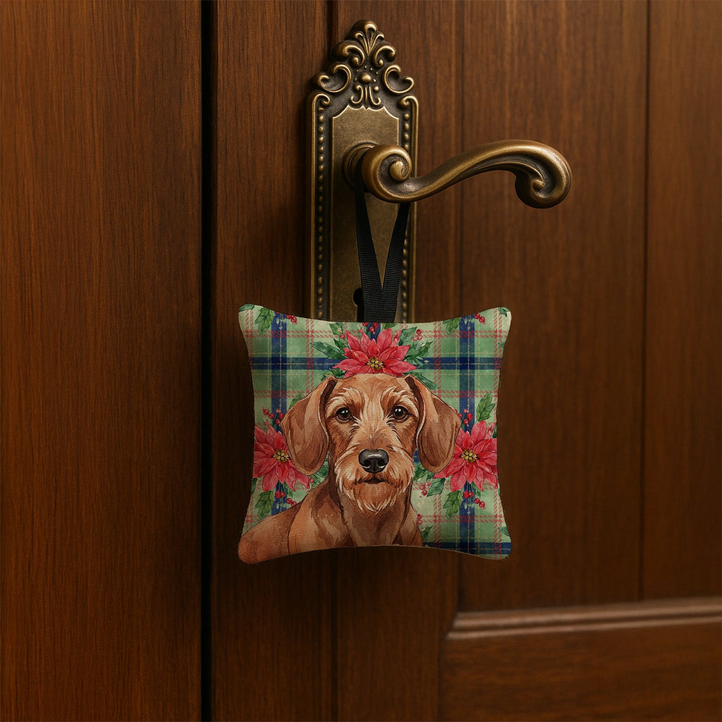 Wirehaired Red Dachshund Christmas PoinsettIas Hanging Square Fabric Ornament 3.5 � 3.5 Decorative Door-Knob & Tree Hanger, Soft Fabric