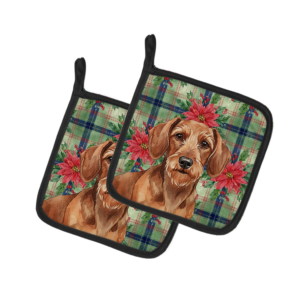 Wirehaired Red Dachshund Christmas PoinsettIas Pot Holder Set of 2 Heat Resistant Quilted Hot Pads 7.5 x 7.5 Inch, Insulated Kitchen Trivets for Cooking & Baking