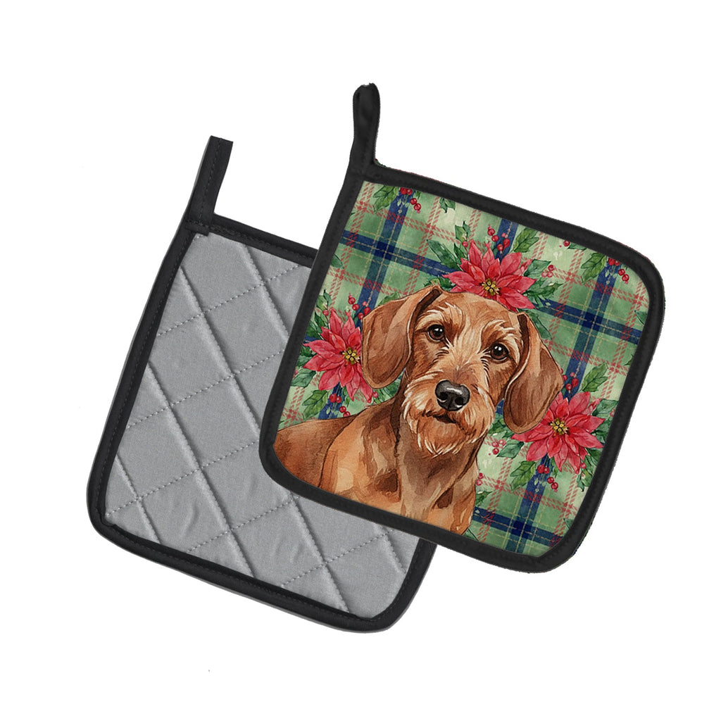 Wirehaired Red Dachshund Christmas PoinsettIas Pot Holder Set of 2 Heat Resistant Quilted Hot Pads 7.5 x 7.5 Inch, Insulated Kitchen Trivets for Cooking & Baking