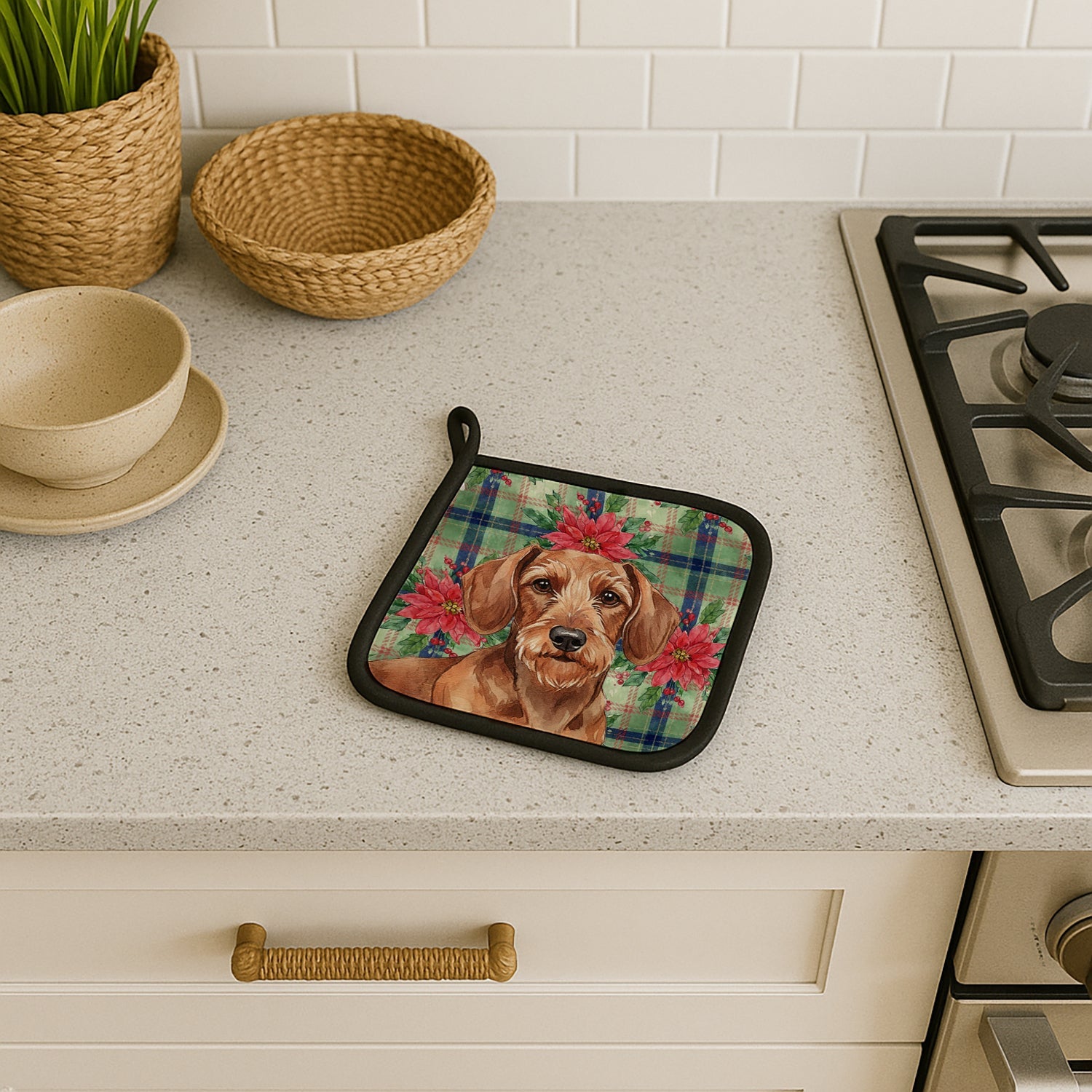 Wirehaired Red Dachshund Christmas PoinsettIas Pot Holder Set of 2 Heat Resistant Quilted Hot Pads 7.5 x 7.5 Inch, Insulated Kitchen Trivets for Cooking & Baking