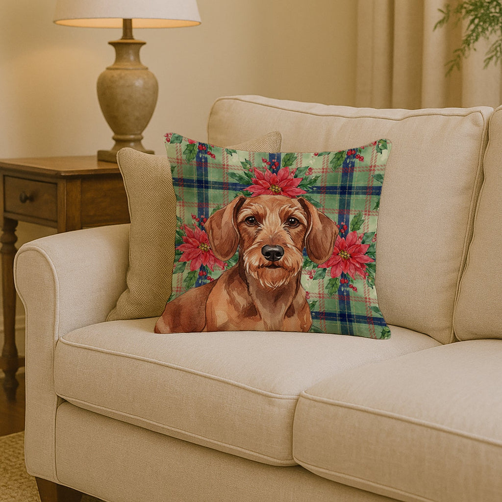Wirehaired Red Dachshund Christmas PoinsettIas Decorative Throw Pillow 14x14 Indoor Outdoor Accent Cushion, Fabric Cover with Insert for Sofa, Bed, Porch & Living Room