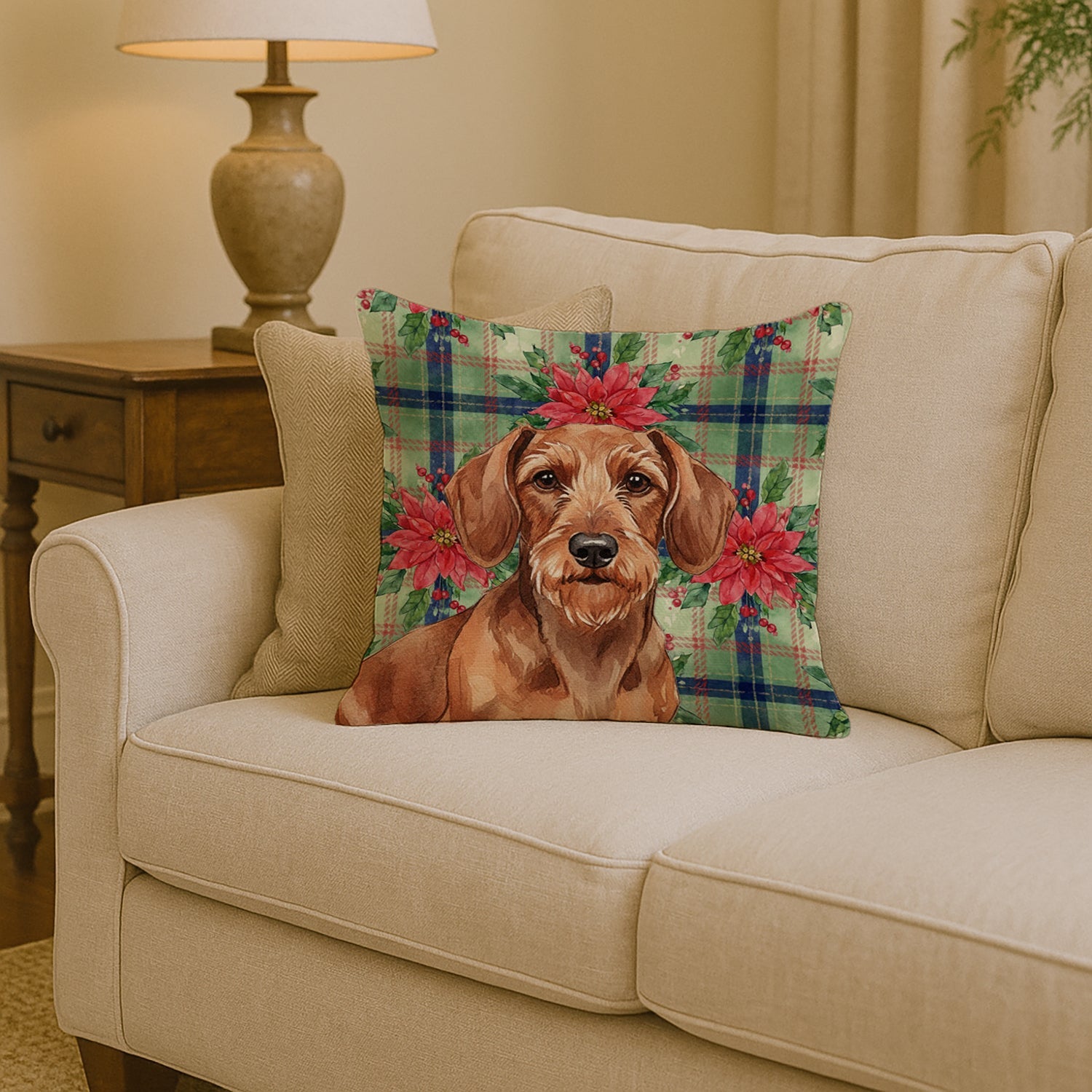 Wirehaired Red Dachshund Christmas PoinsettIas Decorative Throw Pillow 14x14 Indoor Outdoor Accent Cushion, Fabric Cover with Insert for Sofa, Bed, Porch & Living Room