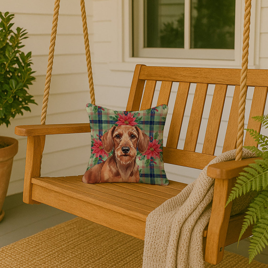 Wirehaired Red Dachshund Christmas PoinsettIas Decorative Throw Pillow 14x14 Indoor Outdoor Accent Cushion, Fabric Cover with Insert for Sofa, Bed, Porch & Living Room