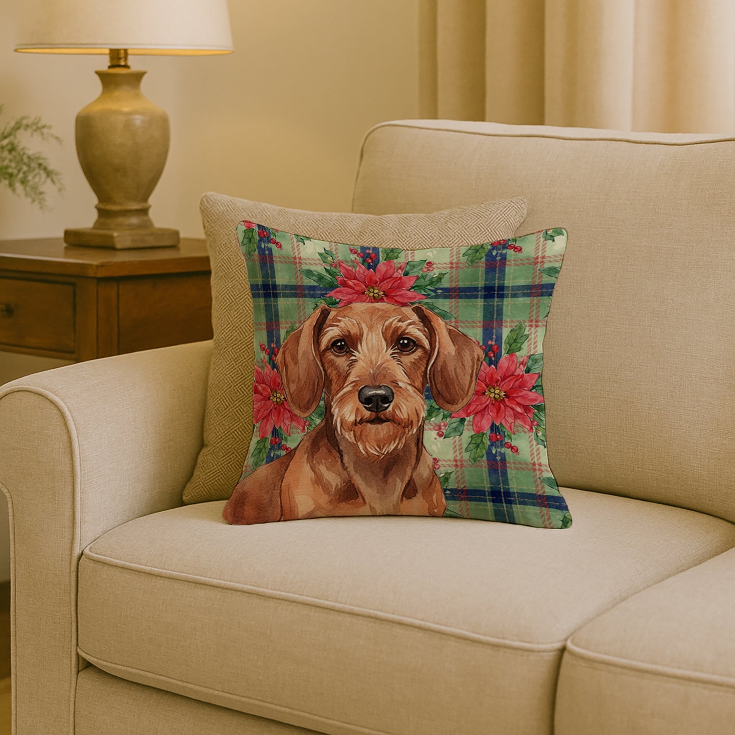 Wirehaired Red Dachshund Christmas PoinsettIas Decorative Throw Pillow 18x18 Indoor Outdoor Accent Cushion, Fabric Cover with Insert for Sofa, Bed, Porch & Living Room