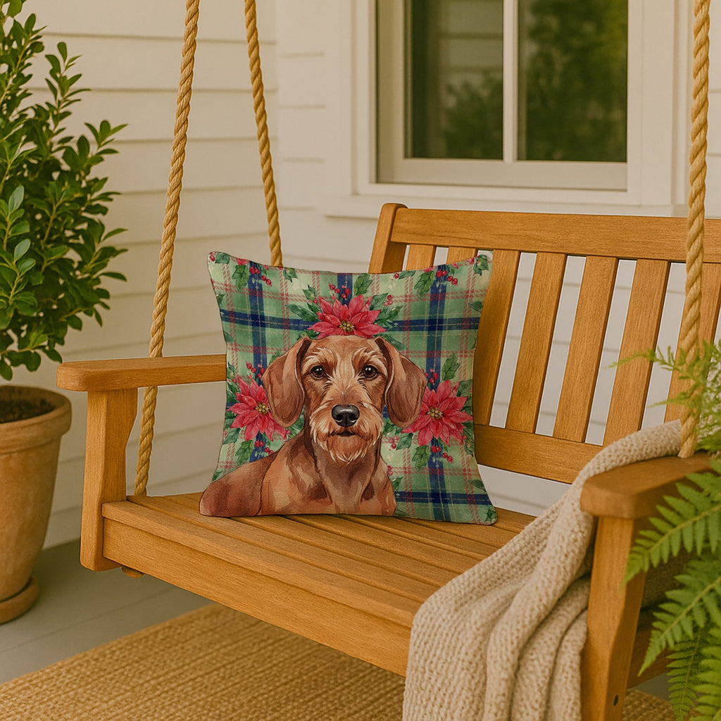 Wirehaired Red Dachshund Christmas PoinsettIas Decorative Throw Pillow 18x18 Indoor Outdoor Accent Cushion, Fabric Cover with Insert for Sofa, Bed, Porch & Living Room