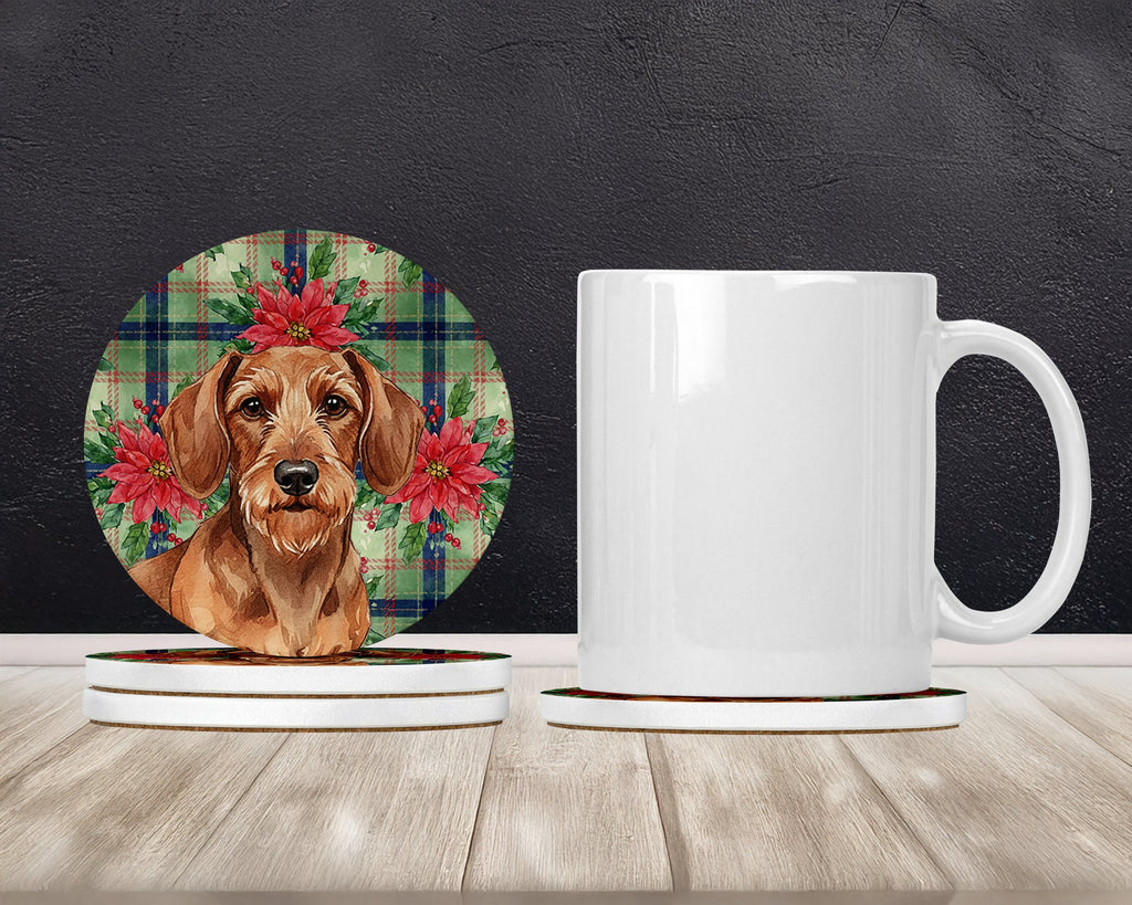 Wirehaired Red Dachshund Christmas PoinsettIas Large Sandstone Coasters Pack of 4 Absorbent Round Coasters Decor Gifts for Men or Women, 4 in, Multicolor