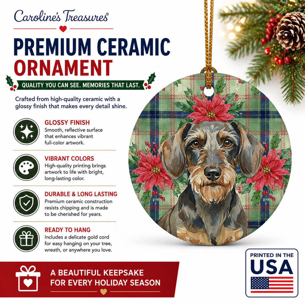 Wirehaired Wild Boar Dachshund Christmas PoinsettIas Ceramic Ornament Christmas Tree Hanging Decorations for Home Christmas Holiday, Party, Gift, 3 in, Multicolor