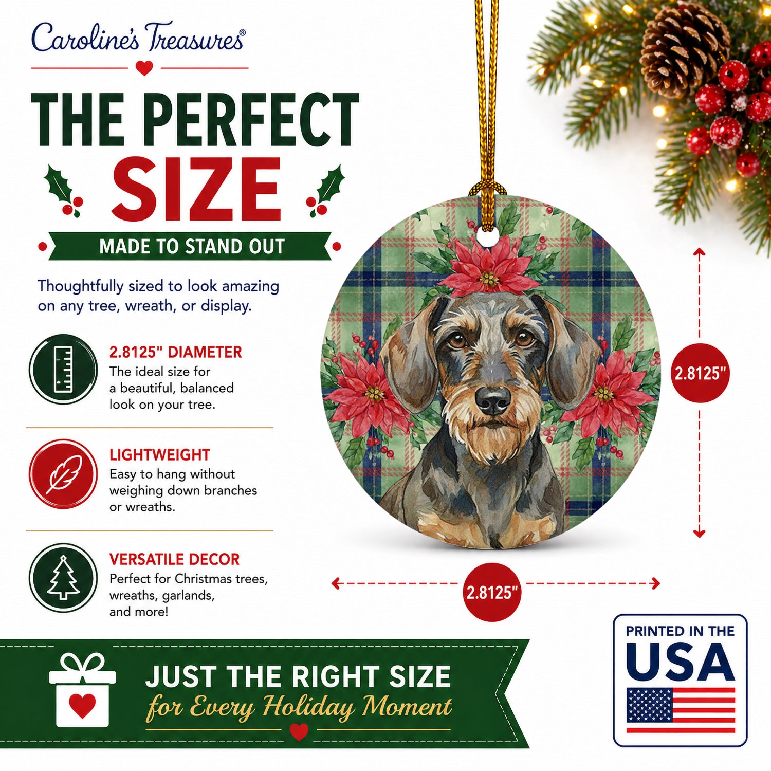 Wirehaired Wild Boar Dachshund Christmas PoinsettIas Ceramic Ornament Christmas Tree Hanging Decorations for Home Christmas Holiday, Party, Gift, 3 in, Multicolor