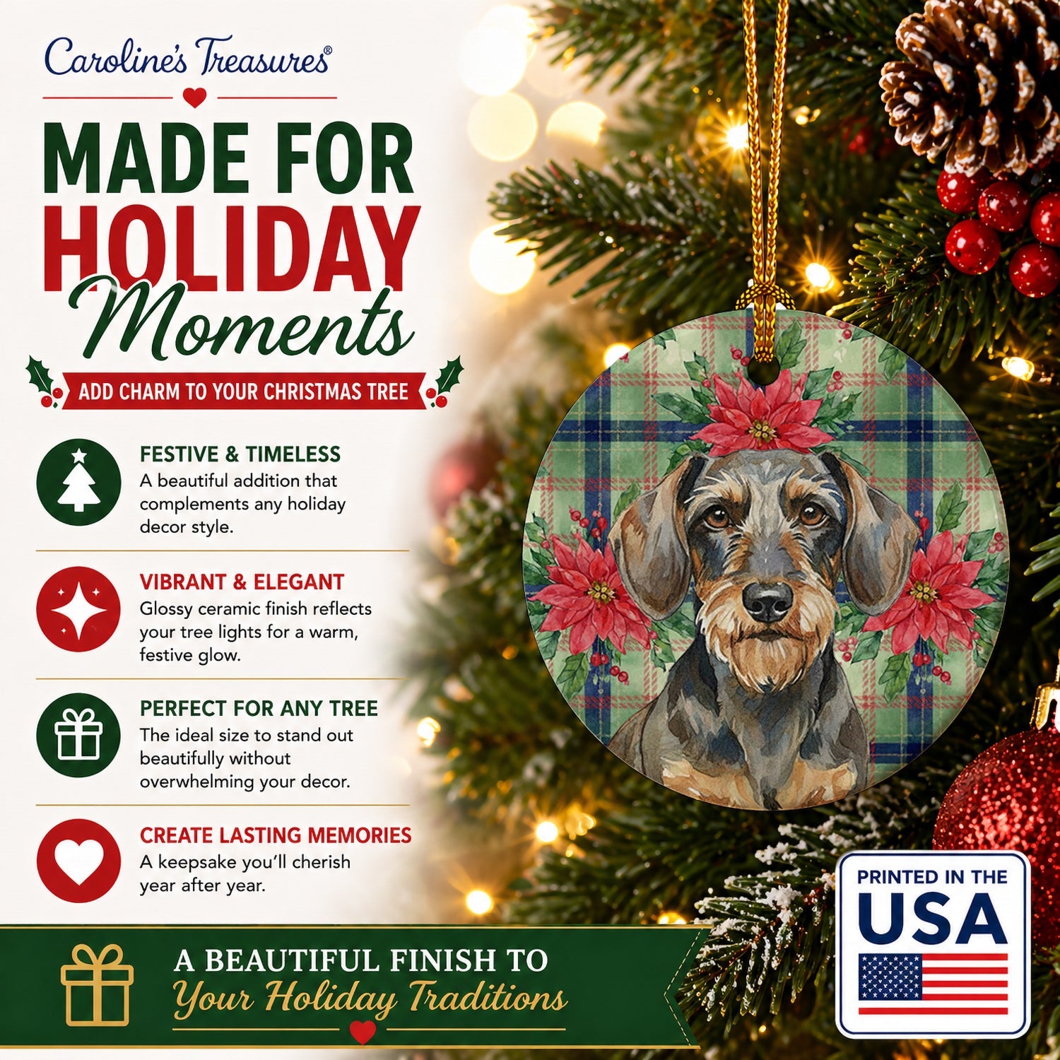 Wirehaired Wild Boar Dachshund Christmas PoinsettIas Ceramic Ornament Christmas Tree Hanging Decorations for Home Christmas Holiday, Party, Gift, 3 in, Multicolor