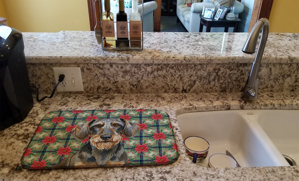 Wirehaired Wild Boar Dachshund Christmas PoinsettIas Dish Drying Mat Absorbent Dish Drying Mat Pad for Kitchen Counter Dish Drainer Mat for Countertop, 14 x 21", Multicolor