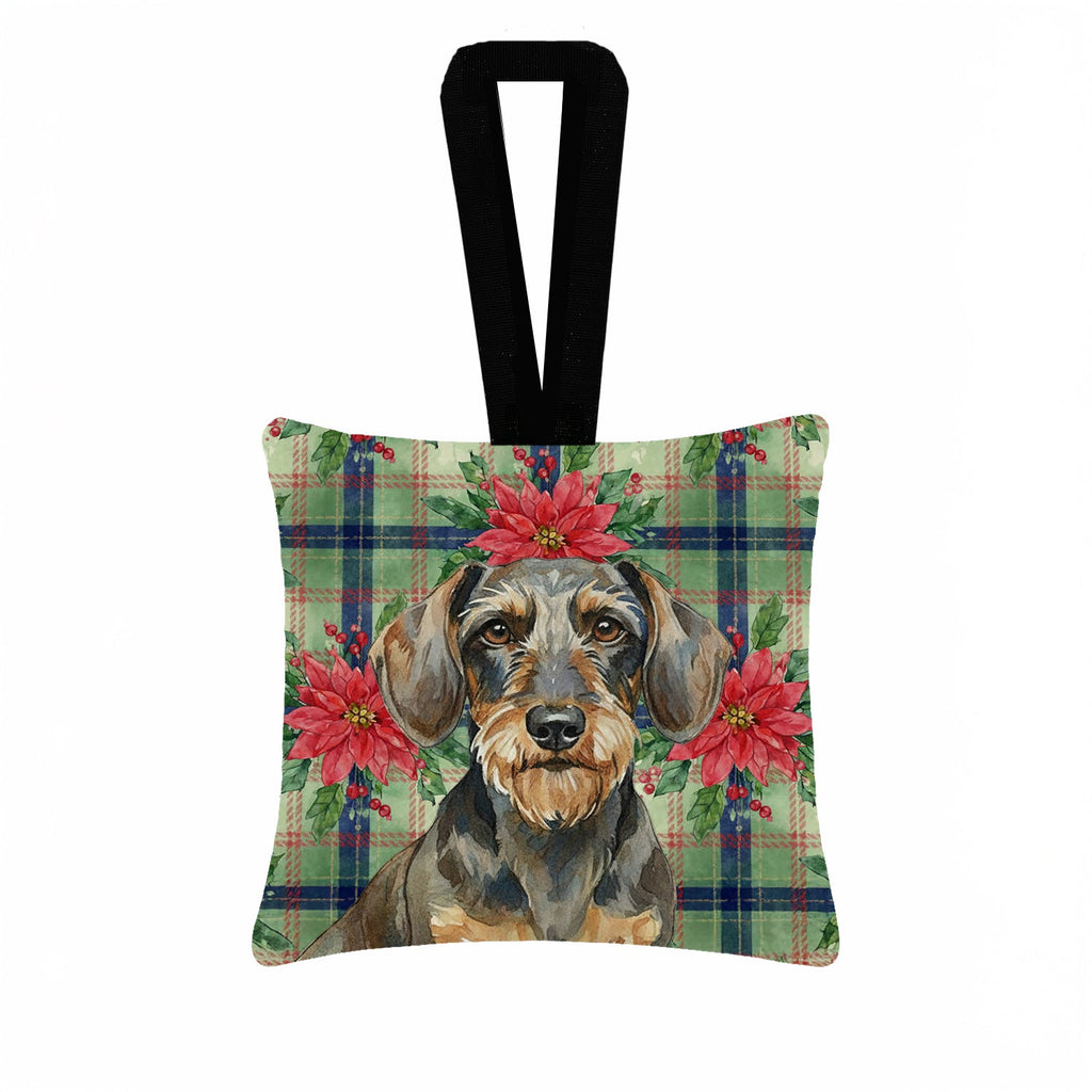 Wirehaired Wild Boar Dachshund Christmas PoinsettIas Hanging Square Fabric Ornament 3.5 � 3.5 Decorative Door-Knob & Tree Hanger, Soft Fabric