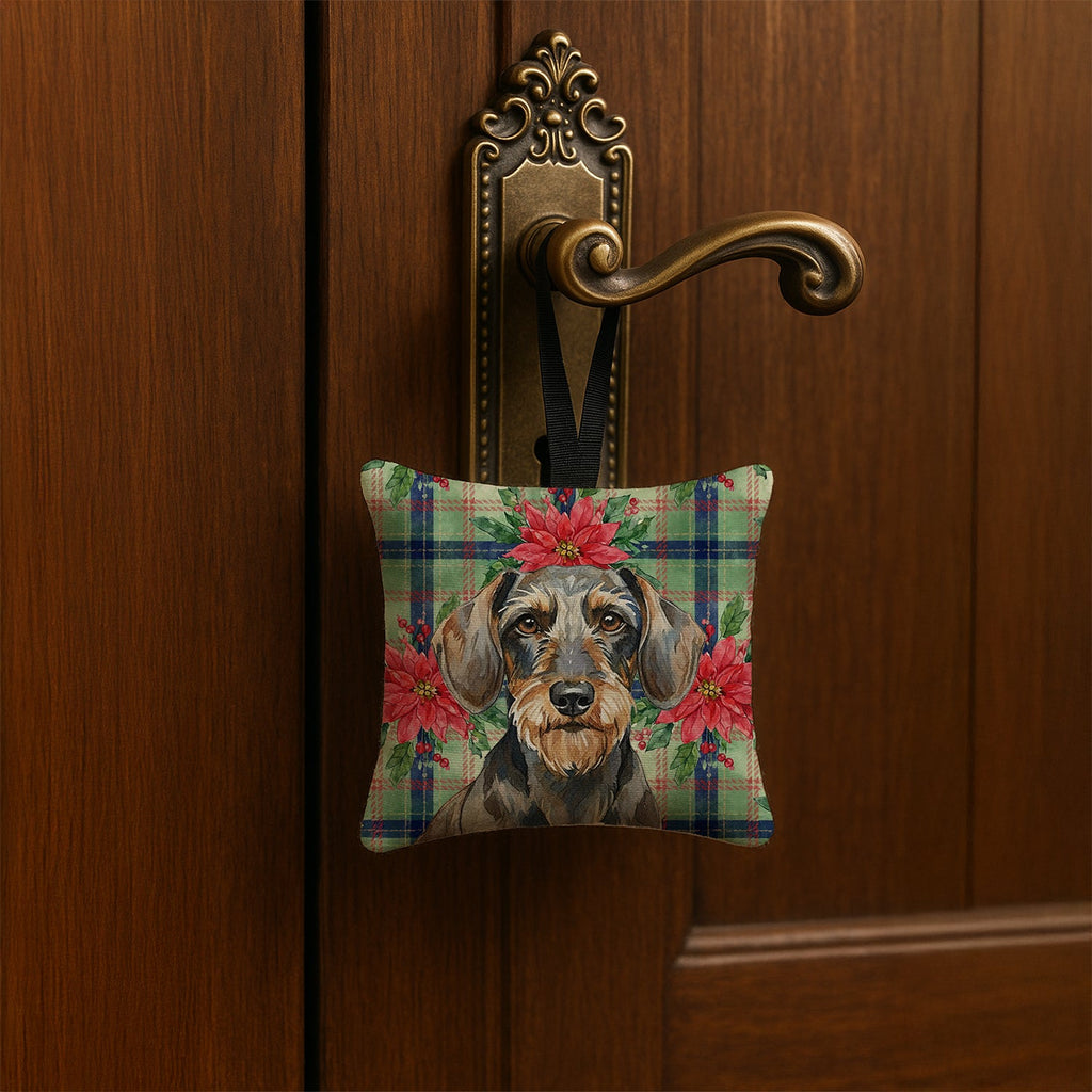 Wirehaired Wild Boar Dachshund Christmas PoinsettIas Hanging Square Fabric Ornament 3.5 � 3.5 Decorative Door-Knob & Tree Hanger, Soft Fabric