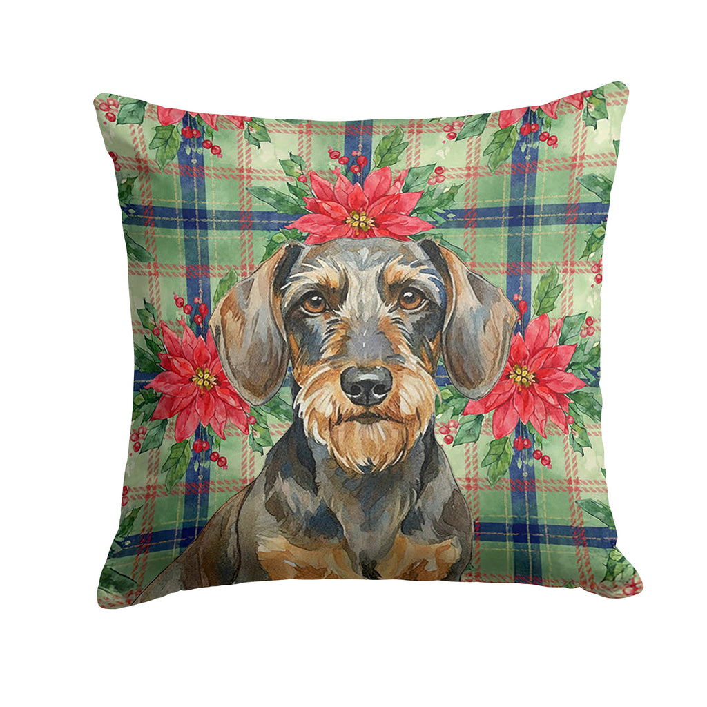 Wirehaired Wild Boar Dachshund Christmas PoinsettIas Decorative Throw Pillow 14x14 Indoor Outdoor Accent Cushion, Fabric Cover with Insert for Sofa, Bed, Porch & Living Room