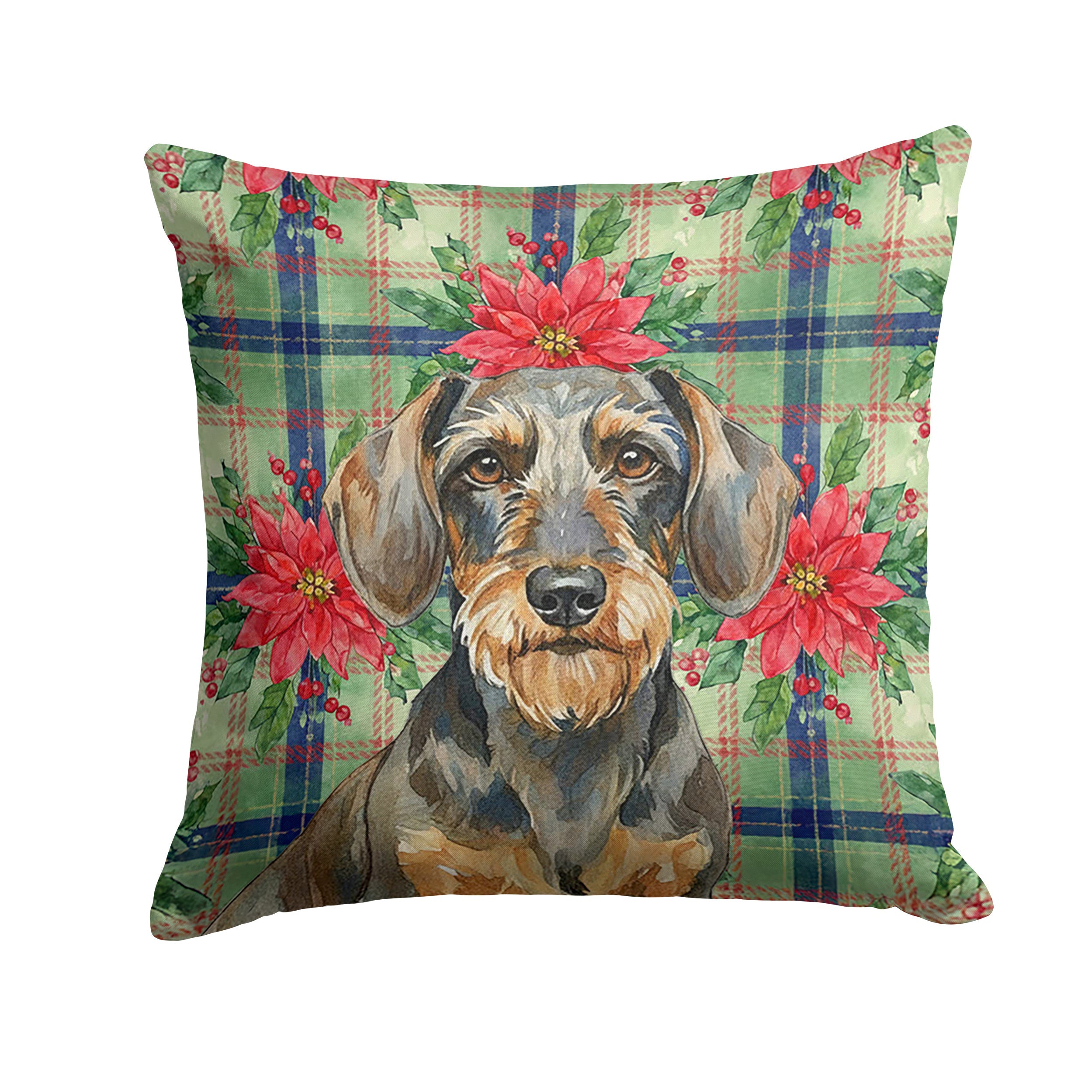 Wirehaired Wild Boar Dachshund Christmas PoinsettIas Decorative Throw Pillow 14x14 Indoor Outdoor Accent Cushion, Fabric Cover with Insert for Sofa, Bed, Porch & Living Room