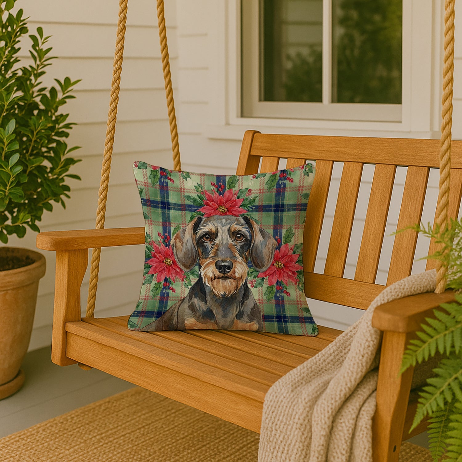 Wirehaired Wild Boar Dachshund Christmas PoinsettIas Decorative Throw Pillow 18x18 Indoor Outdoor Accent Cushion, Fabric Cover with Insert for Sofa, Bed, Porch & Living Room