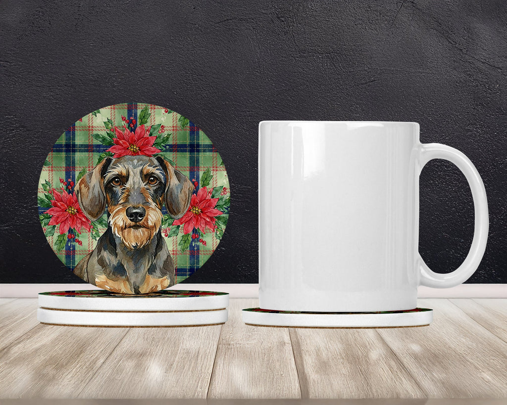 Wirehaired Wild Boar Dachshund Christmas PoinsettIas Large Sandstone Coasters Pack of 4 Absorbent Round Coasters Decor Gifts for Men or Women, 4 in, Multicolor