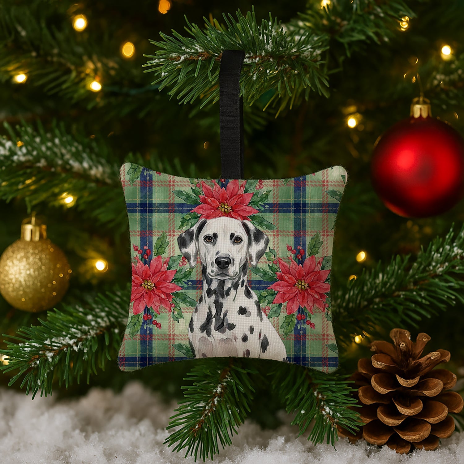 Dalmatian Christmas PoinsettIas Hanging Square Fabric Ornament 3.5 � 3.5 Decorative Door-Knob & Tree Hanger, Soft Fabric