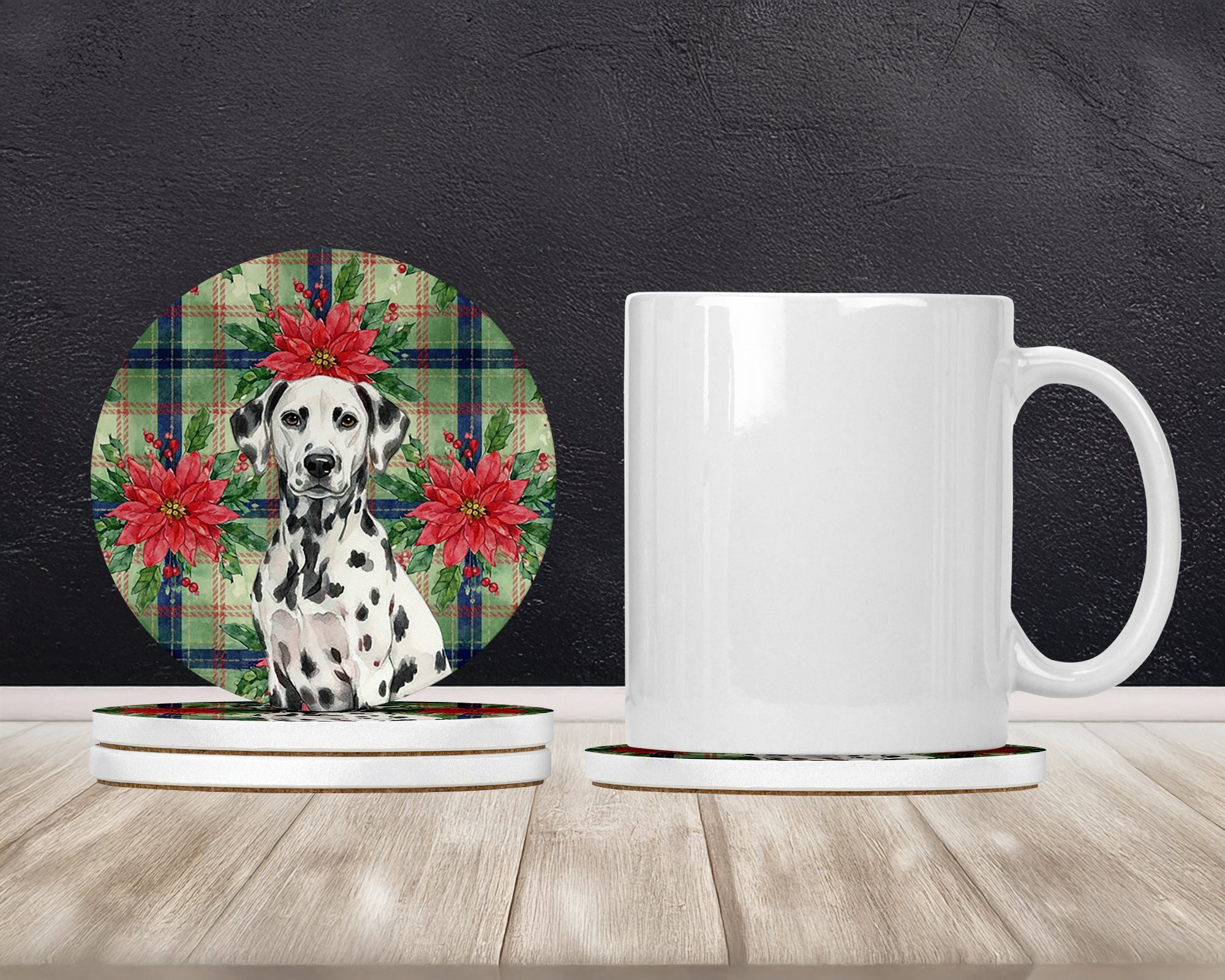 Dalmatian Christmas PoinsettIas Large Sandstone Coasters Pack of 4 Absorbent Round Coasters Decor Gifts for Men or Women, 4 in, Multicolor
