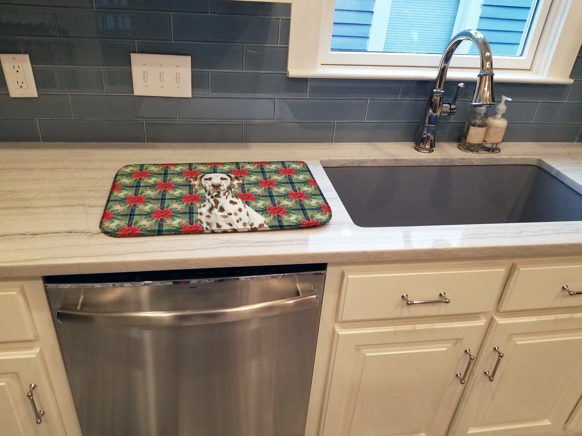 Liver Dalmatian Christmas PoinsettIas Dish Drying Mat Absorbent Dish Drying Mat Pad for Kitchen Counter Dish Drainer Mat for Countertop, 14 x 21", Multicolor