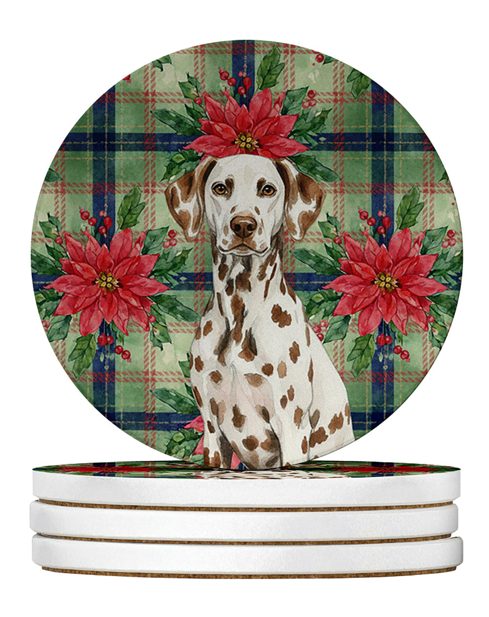 Liver Dalmatian Christmas PoinsettIas Large Sandstone Coasters Pack of 4 Absorbent Round Coasters Decor Gifts for Men or Women, 4 in, Multicolor