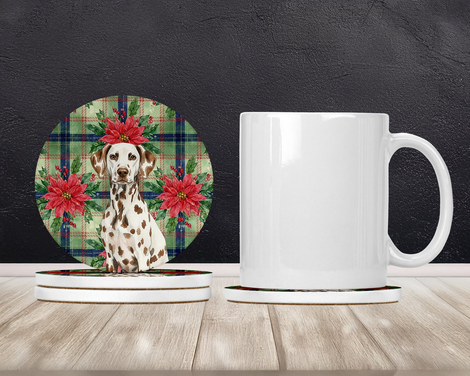 Liver Dalmatian Christmas PoinsettIas Large Sandstone Coasters Pack of 4 Absorbent Round Coasters Decor Gifts for Men or Women, 4 in, Multicolor