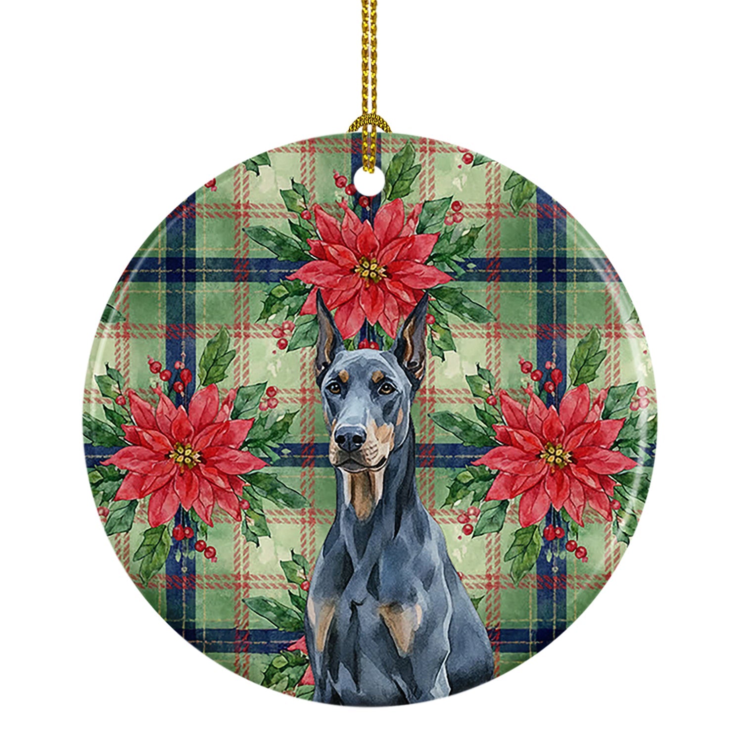 Blue Doberman Pinscher Christmas PoinsettIas Ceramic Ornament Christmas Tree Hanging Decorations for Home Christmas Holiday, Party, Gift, 3 in, Multicolor