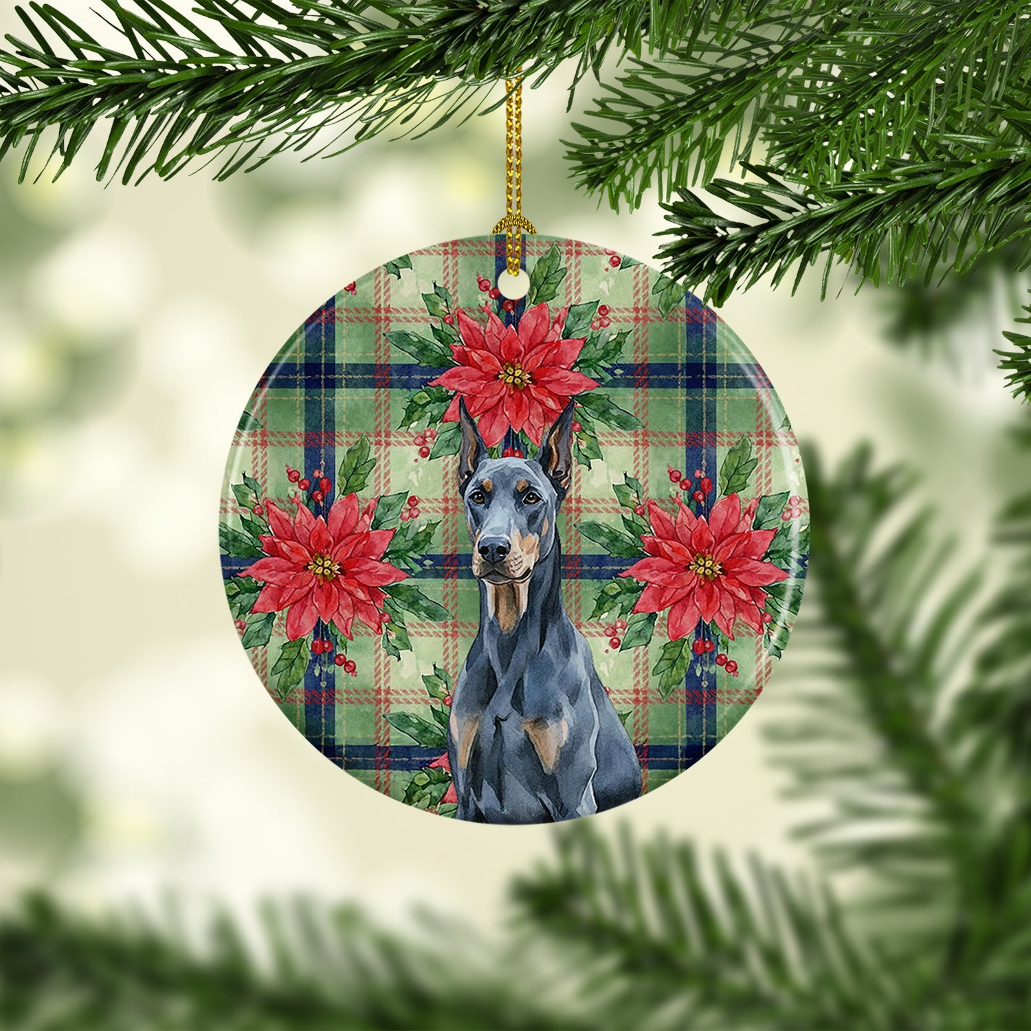 Blue Doberman Pinscher Christmas PoinsettIas Ceramic Ornament Christmas Tree Hanging Decorations for Home Christmas Holiday, Party, Gift, 3 in, Multicolor