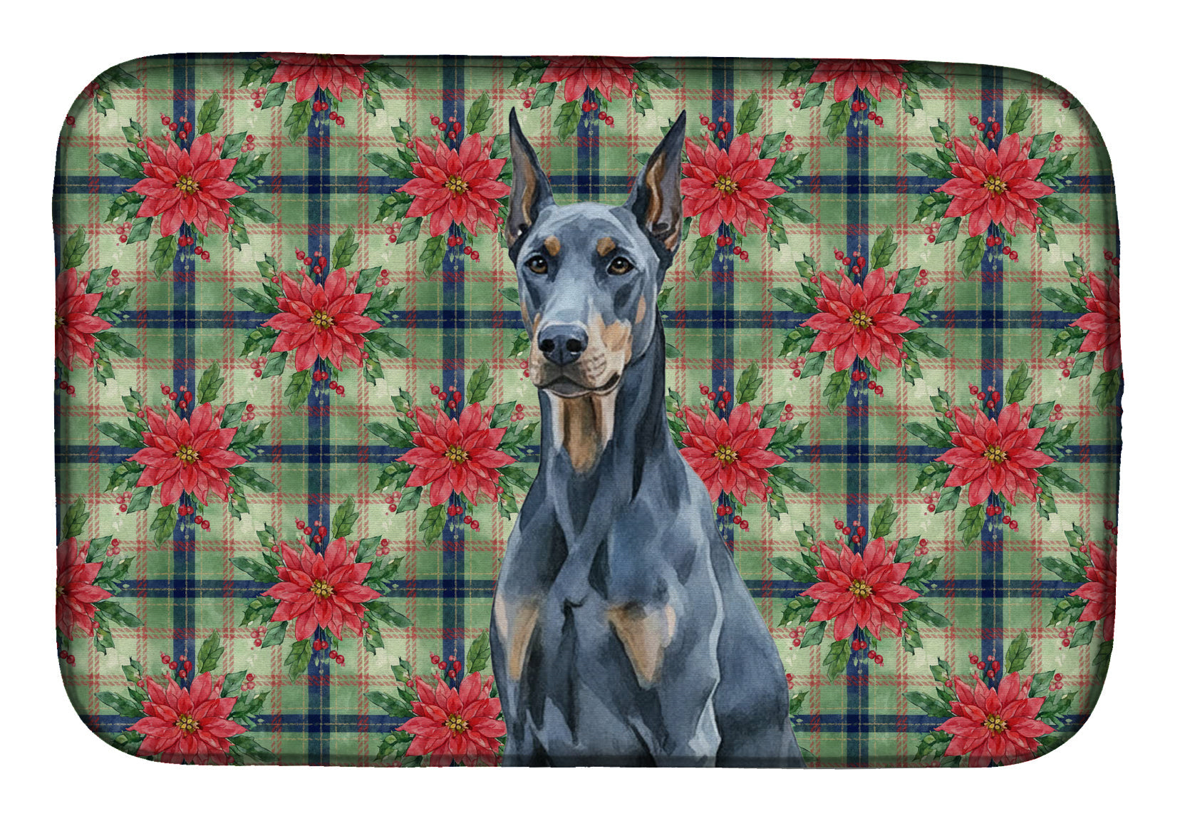 Blue Doberman Pinscher Christmas PoinsettIas Dish Drying Mat Absorbent Dish Drying Mat Pad for Kitchen Counter Dish Drainer Mat for Countertop, 14 x 21", Multicolor