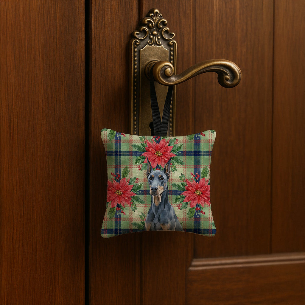 Blue Doberman Pinscher Christmas PoinsettIas Hanging Square Fabric Ornament 3.5 � 3.5 Decorative Door-Knob & Tree Hanger, Soft Fabric