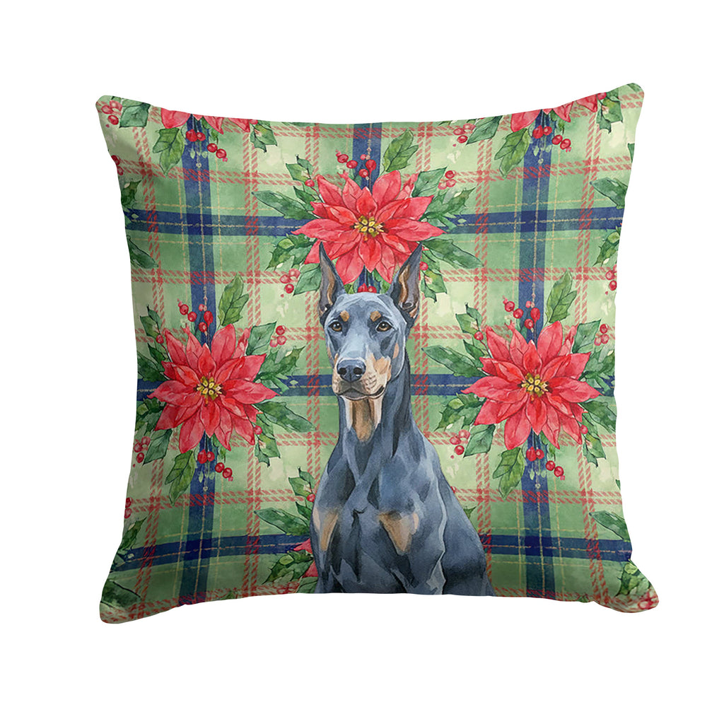 Blue Doberman Pinscher Christmas PoinsettIas Decorative Throw Pillow 18x18 Indoor Outdoor Accent Cushion, Fabric Cover with Insert for Sofa, Bed, Porch & Living Room