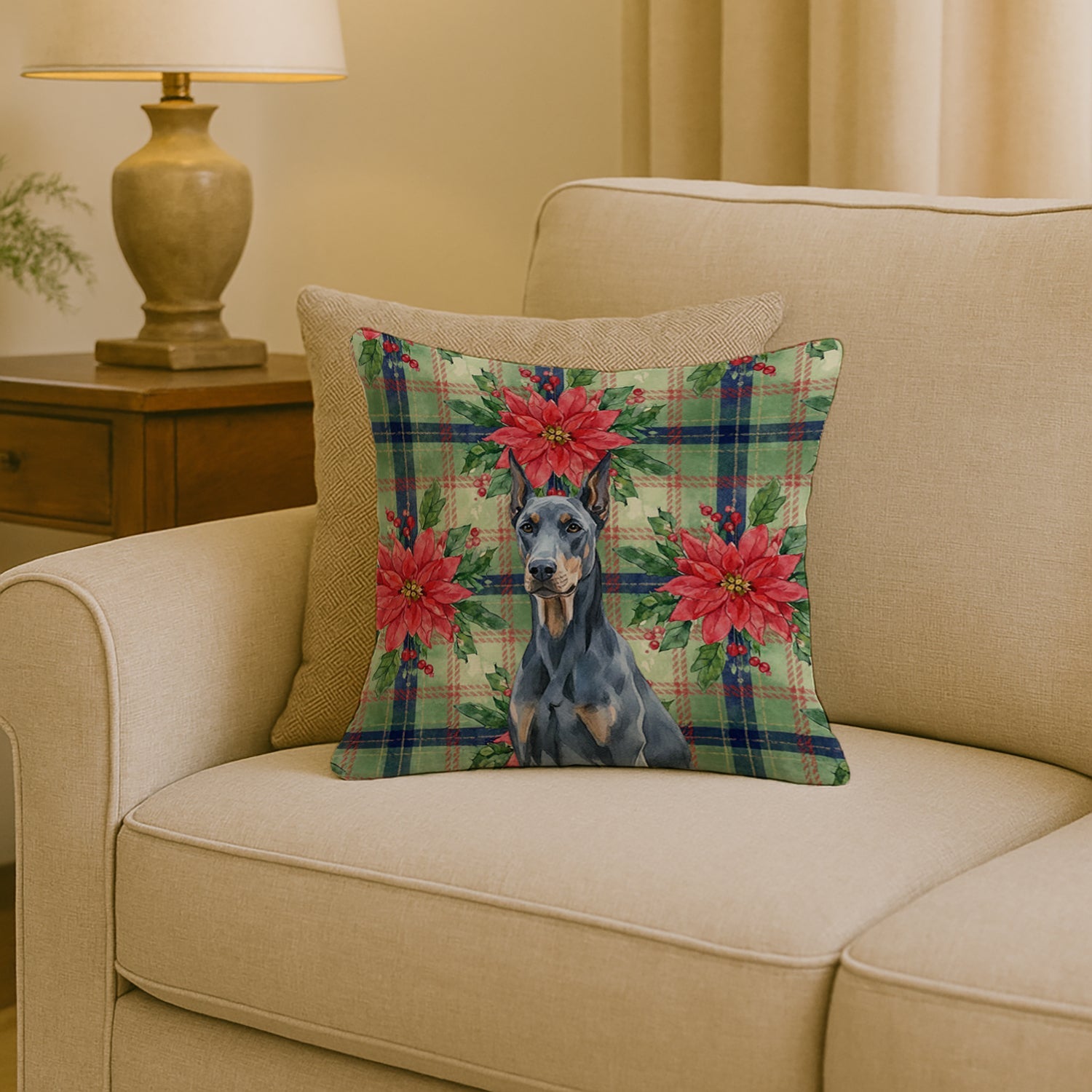 Blue Doberman Pinscher Christmas PoinsettIas Decorative Throw Pillow 18x18 Indoor Outdoor Accent Cushion, Fabric Cover with Insert for Sofa, Bed, Porch & Living Room