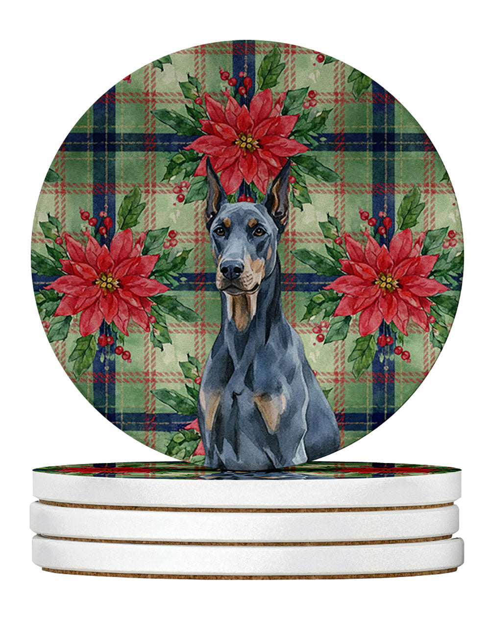 Blue Doberman Pinscher Christmas PoinsettIas Large Sandstone Coasters Pack of 4 Absorbent Round Coasters Decor Gifts for Men or Women, 4 in, Multicolor