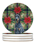 Blue Doberman Pinscher Christmas PoinsettIas Large Sandstone Coasters Pack of 4 Absorbent Round Coasters Decor Gifts for Men or Women, 4 in, Multicolor