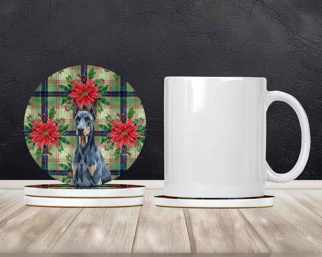 Blue Doberman Pinscher Christmas PoinsettIas Large Sandstone Coasters Pack of 4 Absorbent Round Coasters Decor Gifts for Men or Women, 4 in, Multicolor