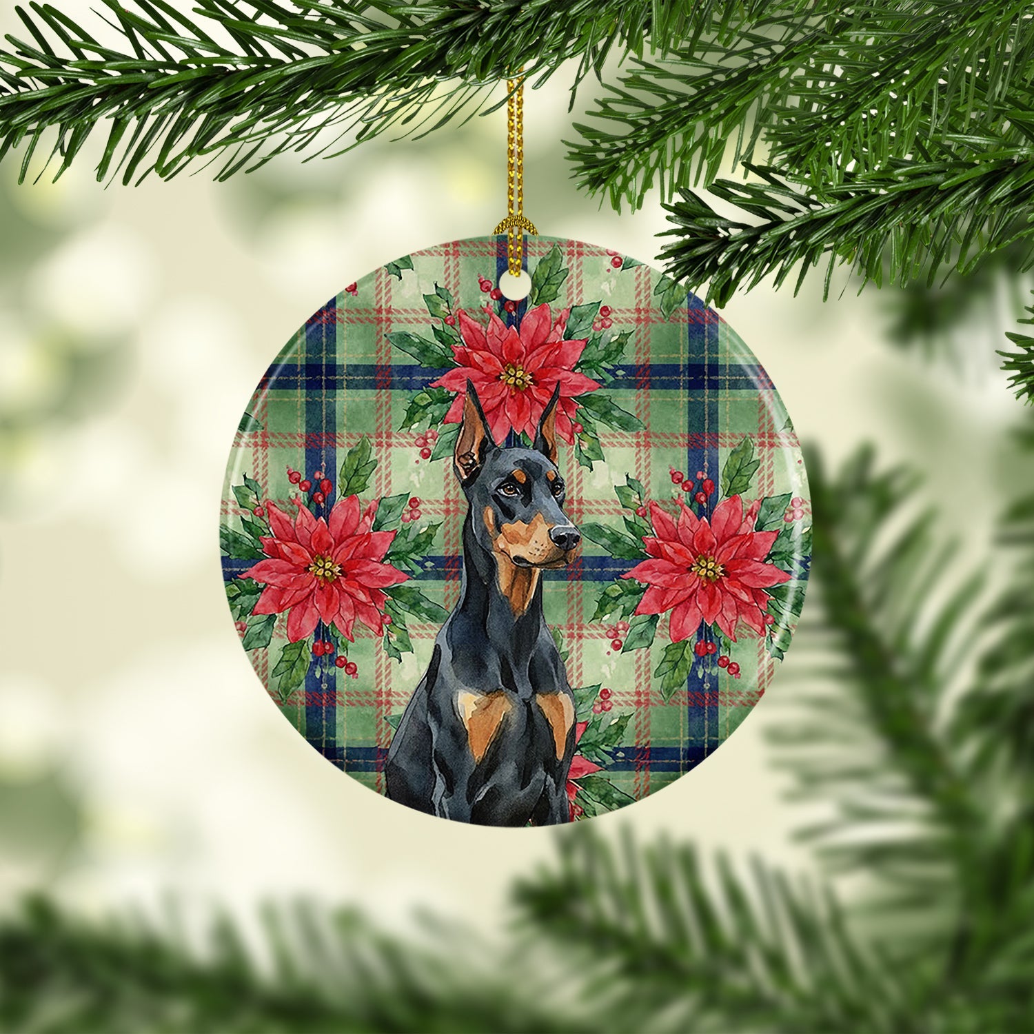 Doberman Pinscher Christmas PoinsettIas Ceramic Ornament Christmas Tree Hanging Decorations for Home Christmas Holiday, Party, Gift, 3 in, Multicolor