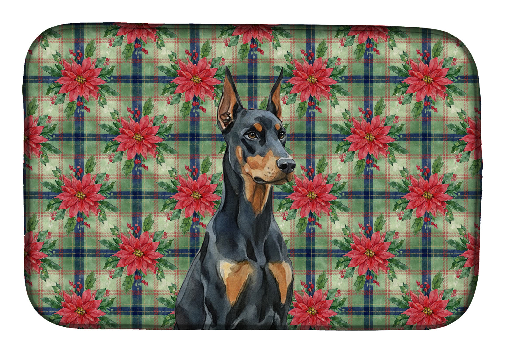 Doberman Pinscher Christmas PoinsettIas Dish Drying Mat Absorbent Dish Drying Mat Pad for Kitchen Counter Dish Drainer Mat for Countertop, 14 x 21", Multicolor