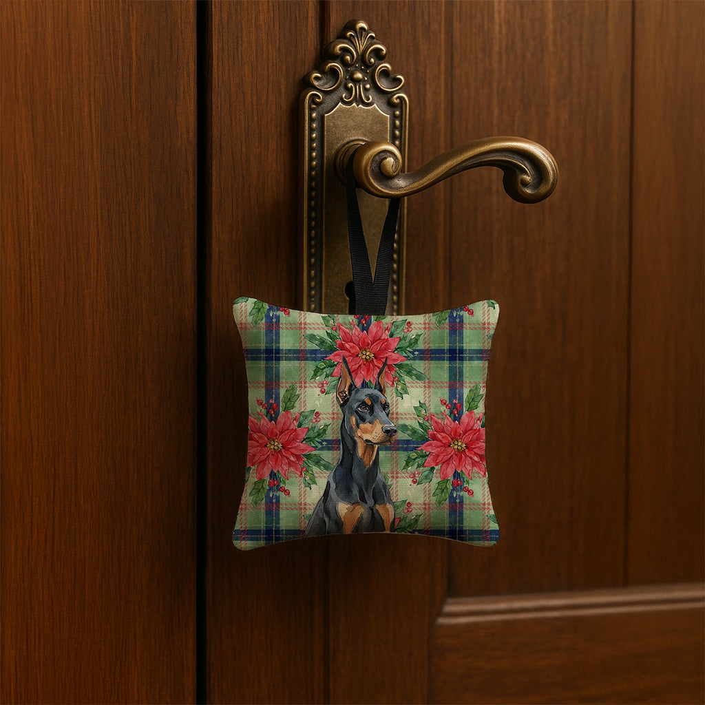 Doberman Pinscher Christmas PoinsettIas Hanging Square Fabric Ornament 3.5 � 3.5 Decorative Door-Knob & Tree Hanger, Soft Fabric