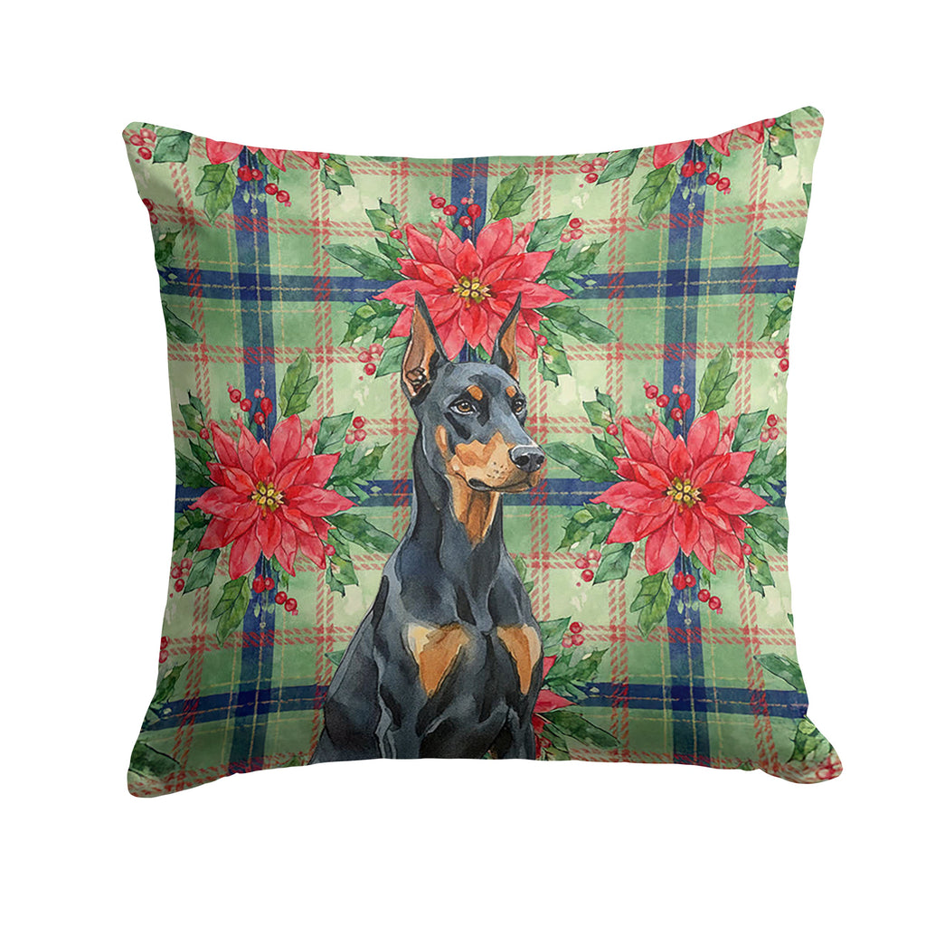 Doberman Pinscher Christmas PoinsettIas Decorative Throw Pillow 14x14 Indoor Outdoor Accent Cushion, Fabric Cover with Insert for Sofa, Bed, Porch & Living Room