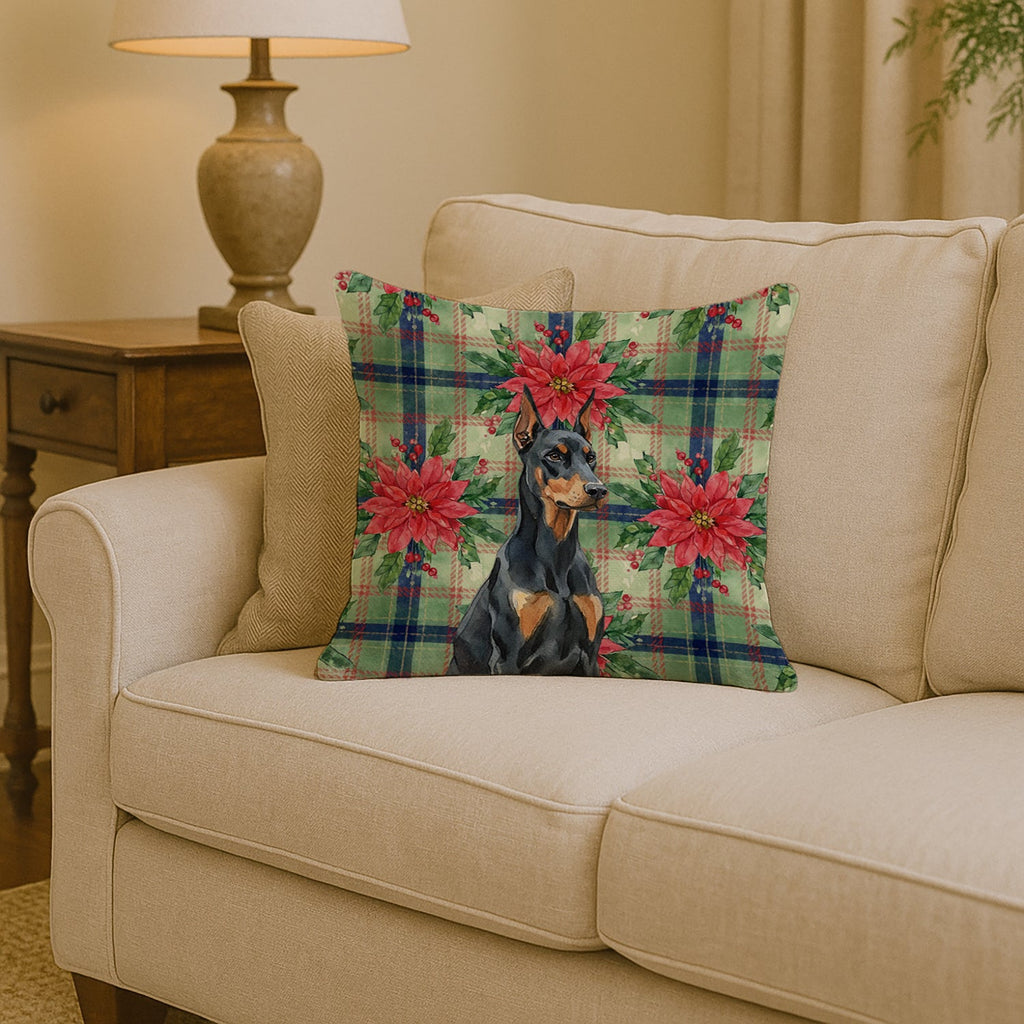 Doberman Pinscher Christmas PoinsettIas Decorative Throw Pillow 14x14 Indoor Outdoor Accent Cushion, Fabric Cover with Insert for Sofa, Bed, Porch & Living Room