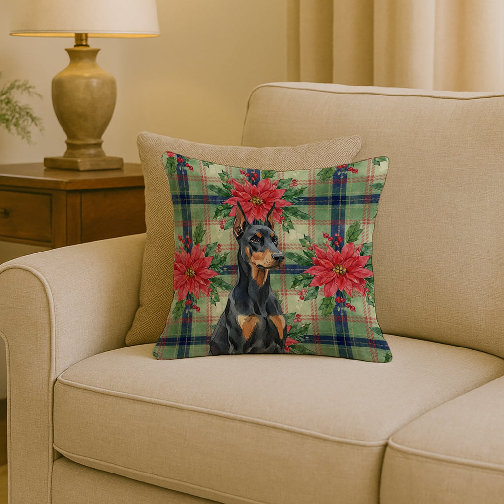 Doberman Pinscher Christmas PoinsettIas Decorative Throw Pillow 18x18 Indoor Outdoor Accent Cushion, Fabric Cover with Insert for Sofa, Bed, Porch & Living Room