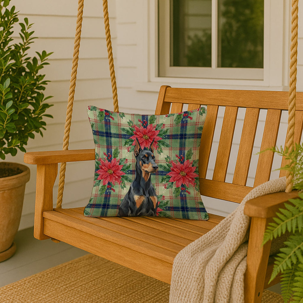 Doberman Pinscher Christmas PoinsettIas Decorative Throw Pillow 18x18 Indoor Outdoor Accent Cushion, Fabric Cover with Insert for Sofa, Bed, Porch & Living Room
